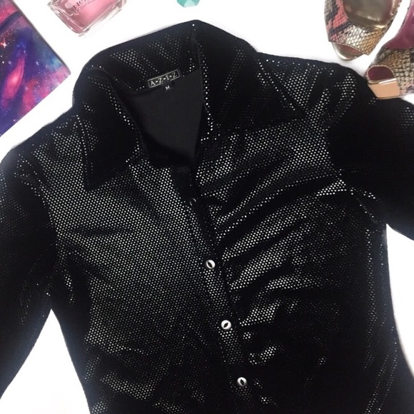 Aziz Tops - Aziz Black Velvet Button Down Top